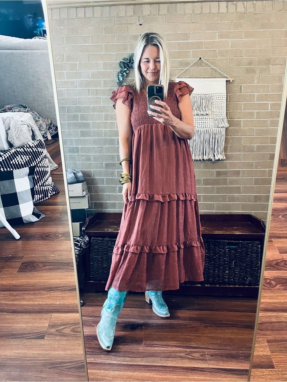 Blu Pepper Rust Smocked V-Neck Ruffle Sleeve Midi Dress